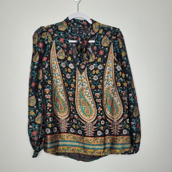 River island black teal semi-sheer all over print vacation tie neck top size 8 - Picture 1 of 9